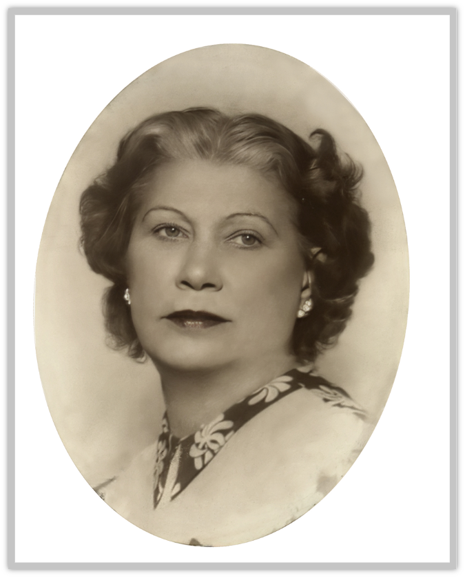 Sepia-toned portrait of an elegant woman with styled hair and pearl earrings. TITLE
