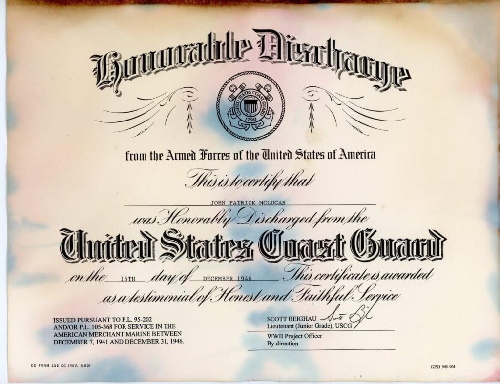 Vintage United States Coast Guard honorable discharge certificate for John Patrick McLucas, dated December 19