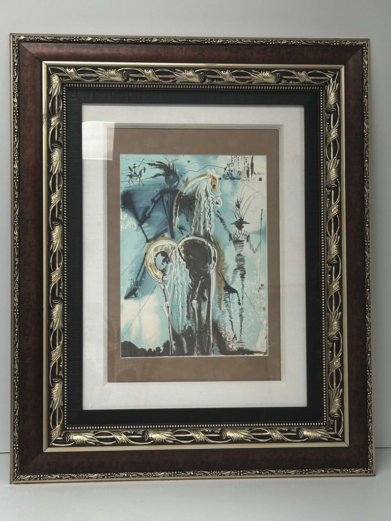 Surrealist artwork featuring abstract figures and a horse in a decorative dark brown and gold frame.