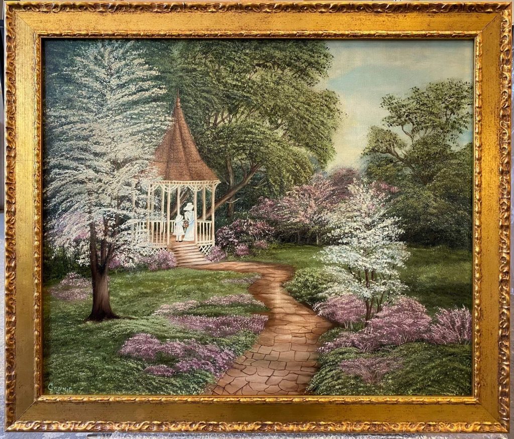 Beautiful garden painting featuring a white gazebo, two figures, a winding path, and blooming trees