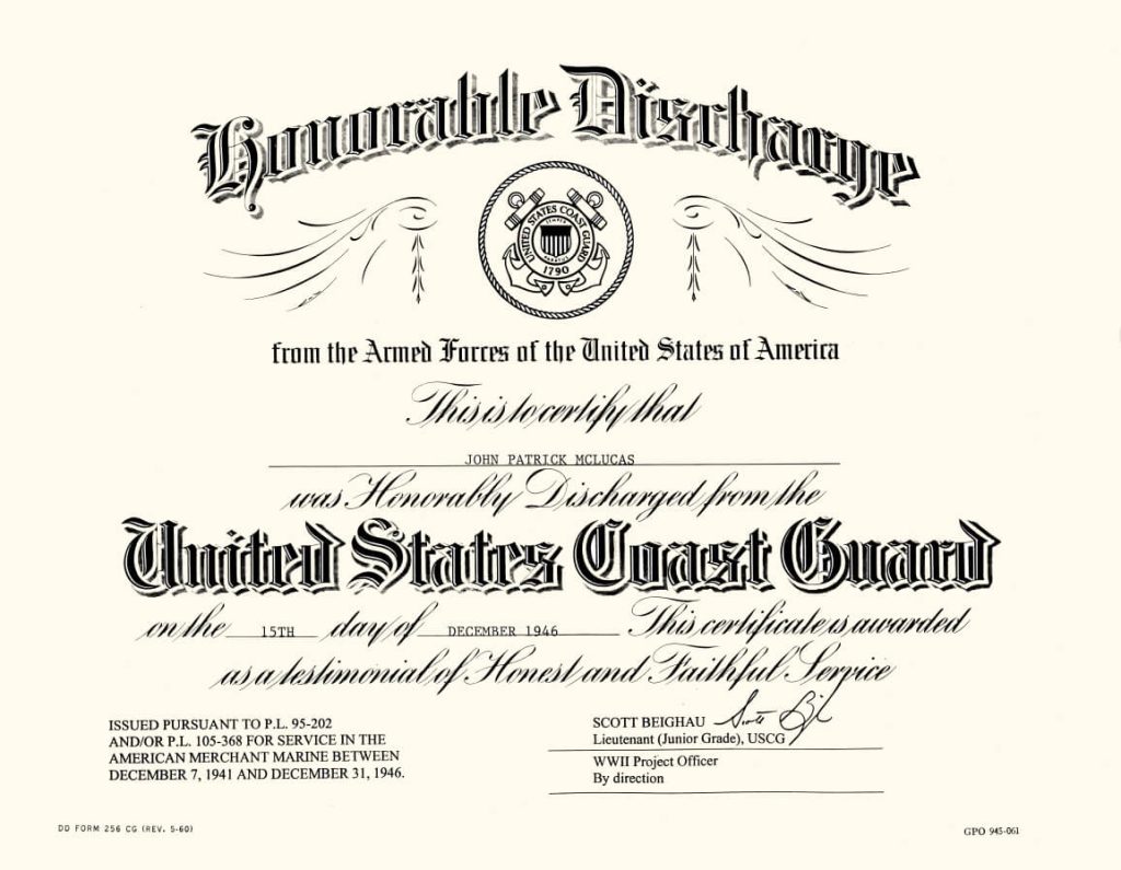A vintage United States Coast Guard honorable discharge certificate for John P. McLucas,