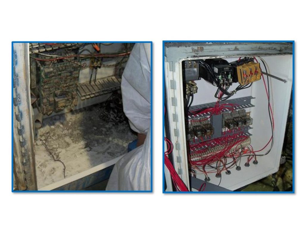 A side-by-side comparison shows a corroded electrical panel next to a clean,