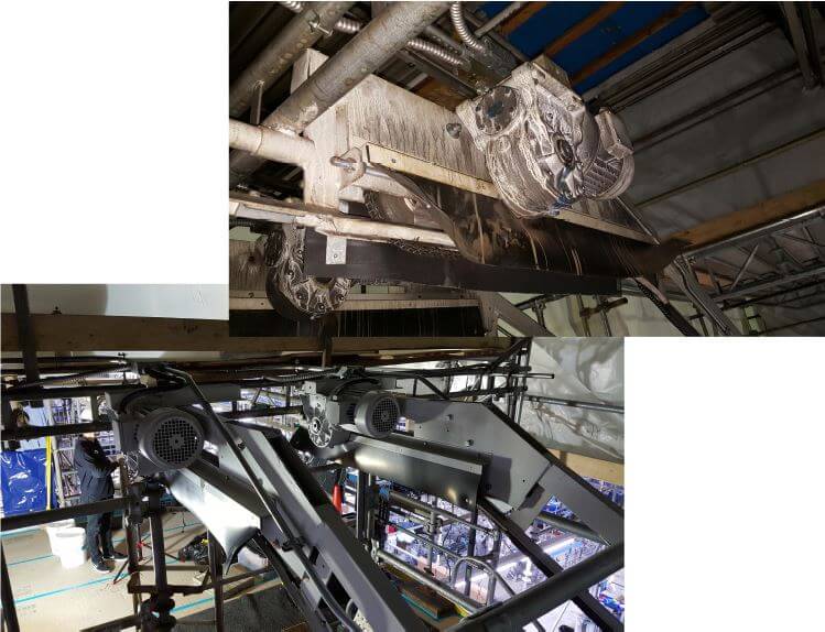 Overhead industrial machinery with large motors and a conveyor system in a manufacturing facility. TITLE