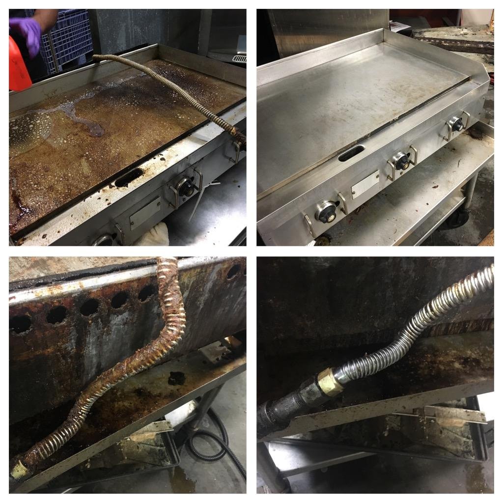 A commercial kitchen griddle and its gas line are shown before and after a deep cleaning
