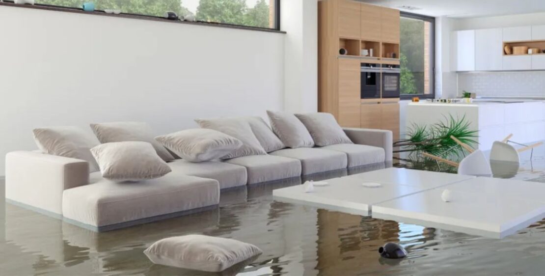 Living room flooded with water