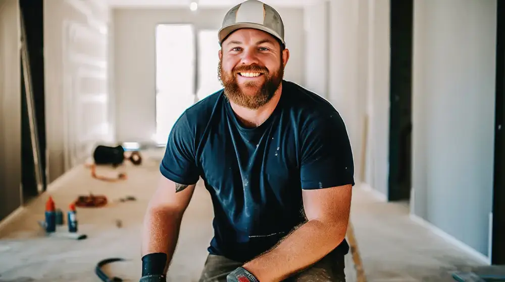 Builder smiling, construction site, positive worker, hard hat