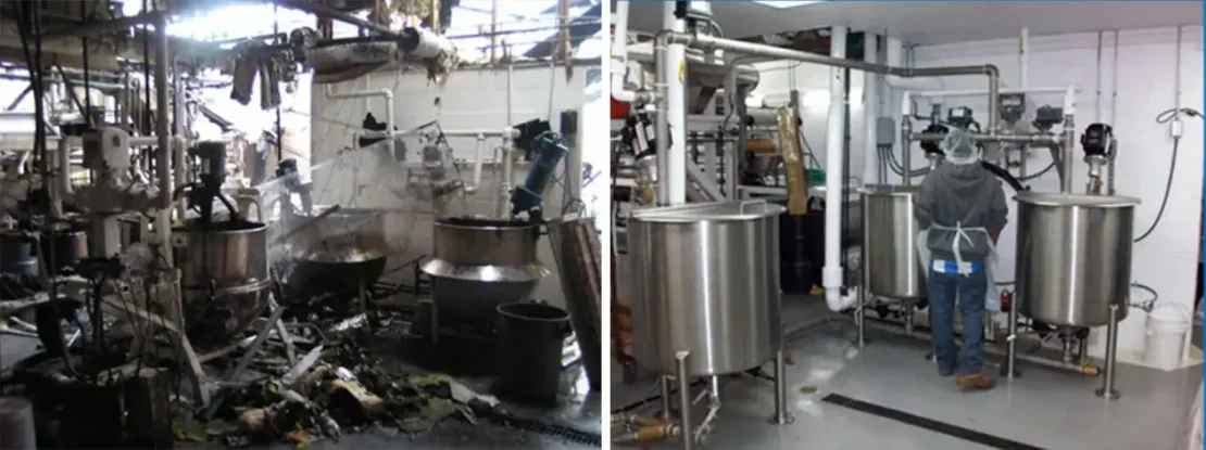Before and after restoration of a candy facility