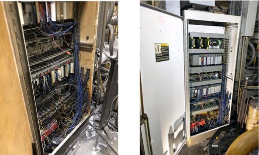 Industrial control panels and electrical cabinets cleaned by Prism Specialties using non-conductive dry ice blasting