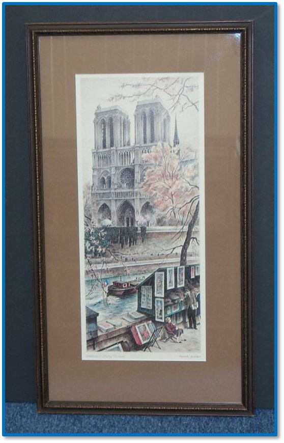Framed artwork after cleaning and restoration by Prism Specialties Columbus with stains removed and frame finish rebuilt
