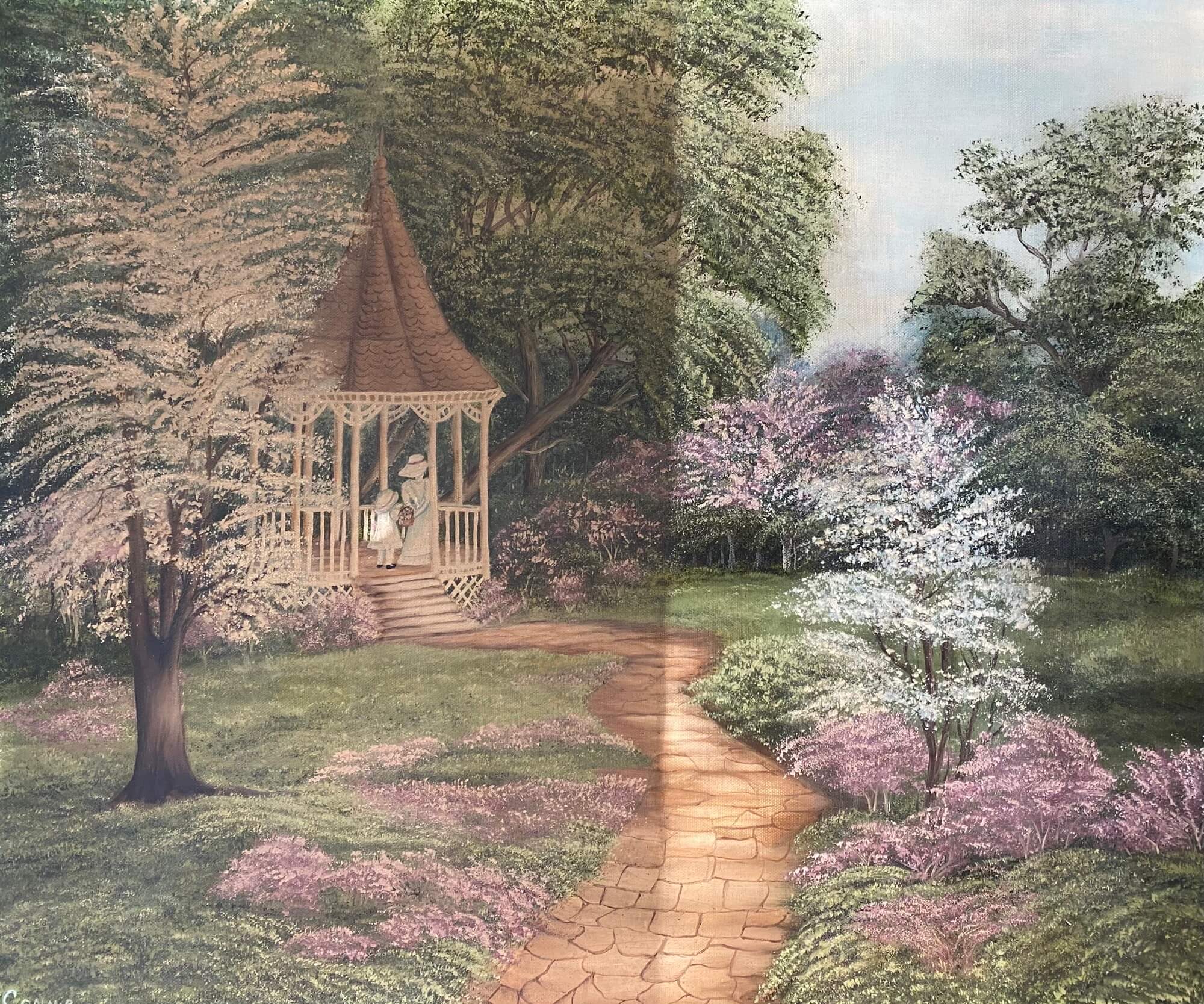 Landscape painting of a garden gazebo before restoration, with surface damage and frame wear