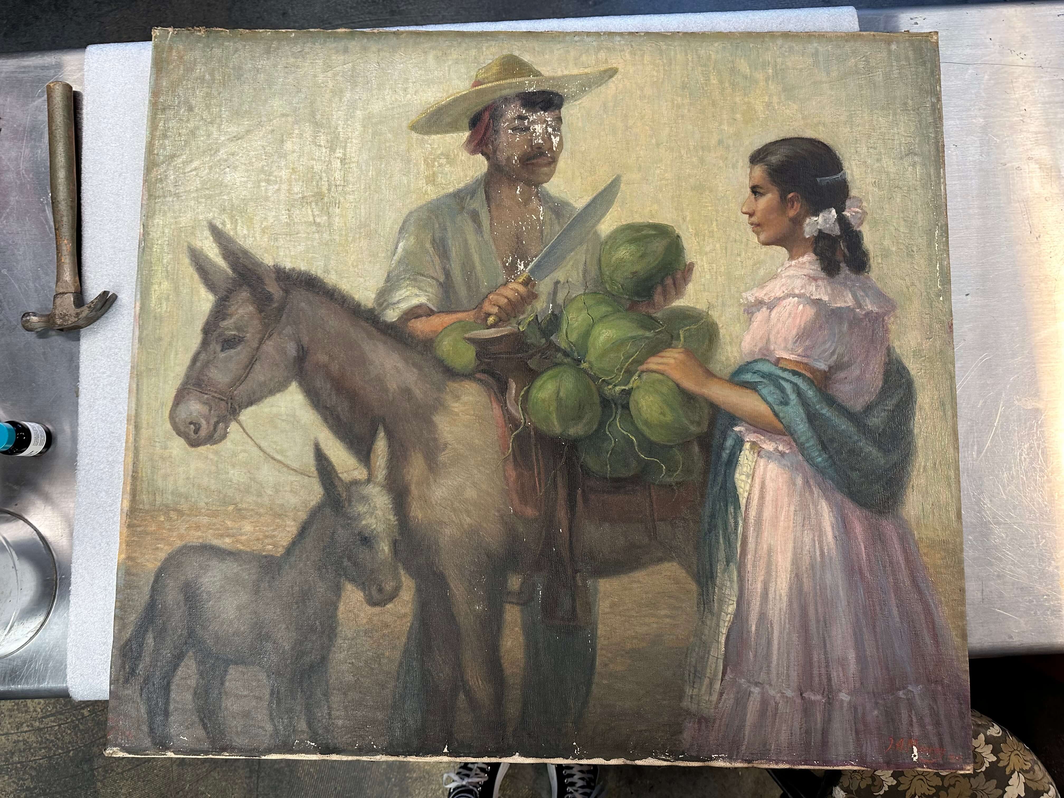 Water-damaged painting documented during intake before conservation restoration at Prism Specialties