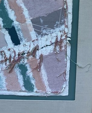Mixed-media paper collage before restoration showing surface soiling, substrate failure, and lifting edges