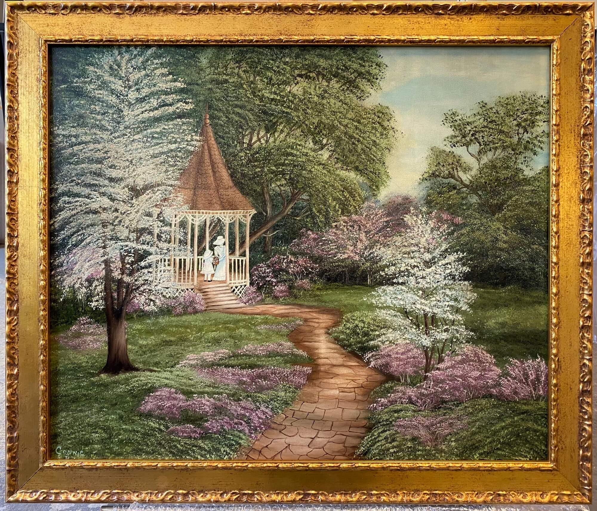 Landscape painting with gazebo scene after professional restoration and conservation reframing