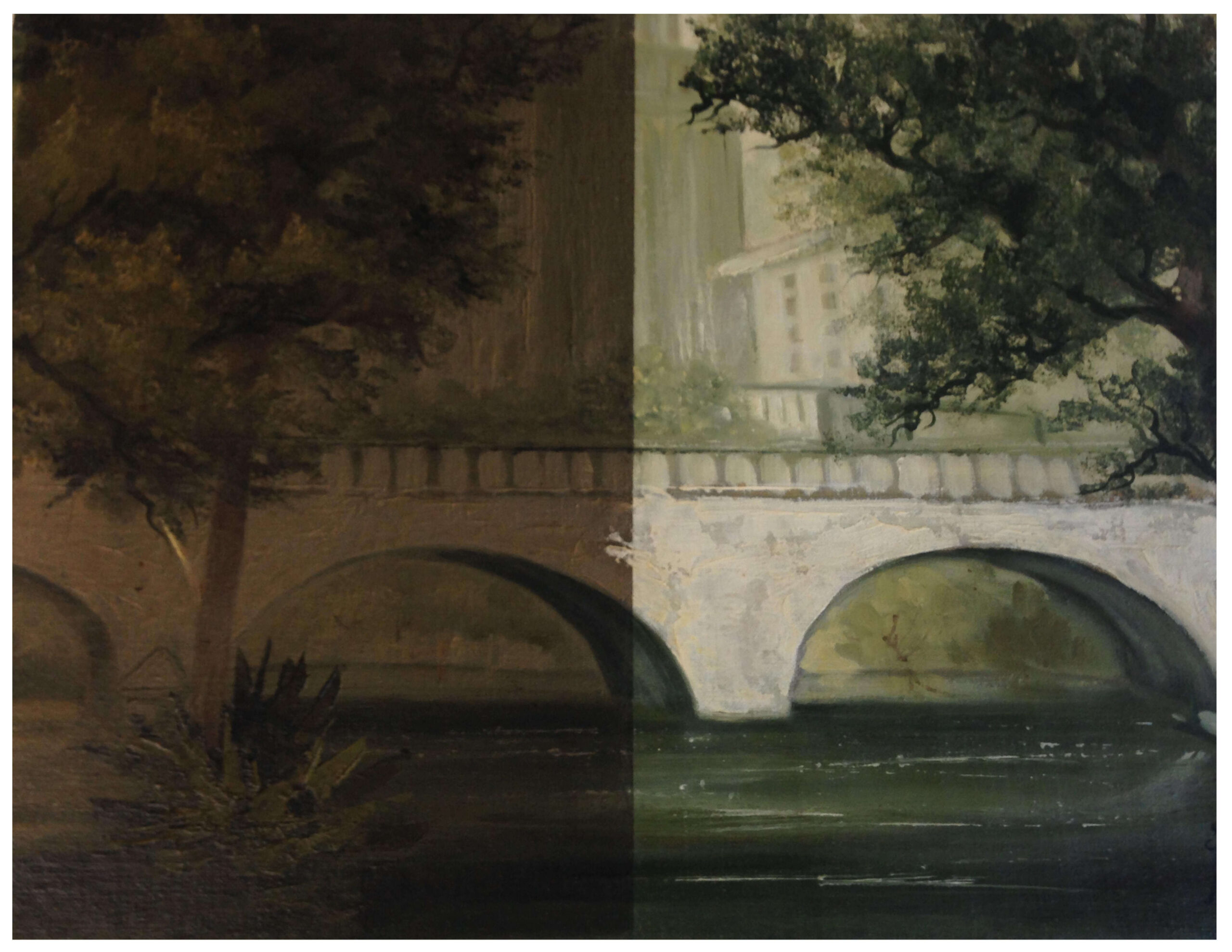 Bridge landscape oil painting after professional varnish removal and color restoration
