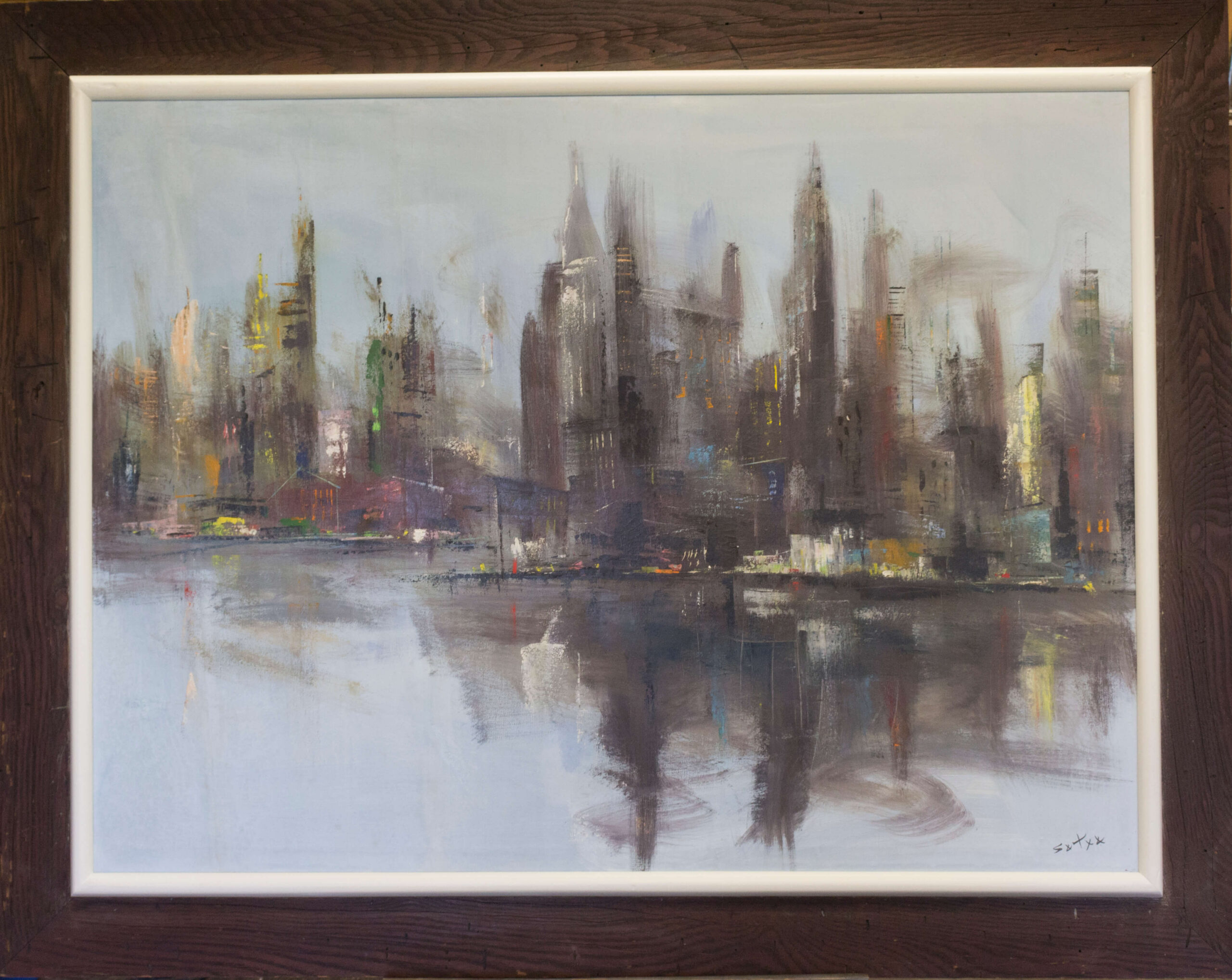 Abstract cityscape oil painting after surface cleaning and frame refinishing