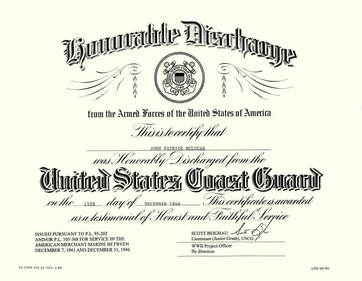 Honorable Discharge certificate after professional paper restoration by Prism Specialties Columbus — text legible, paper stabilized, archival record produced