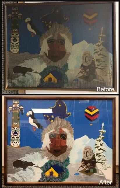 Mixed media indigenous artwork after smoke damage cleaning and color stabilization