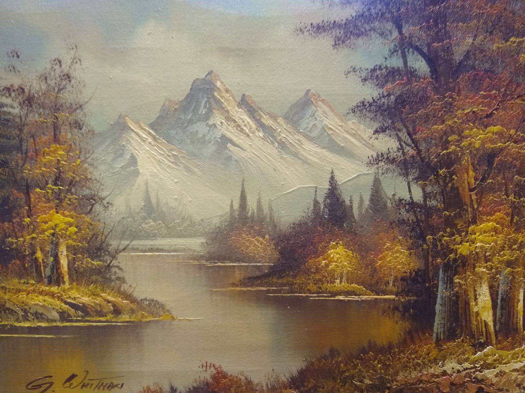 Mountain landscape artist-signed original painting after cleaning and frame refinishing