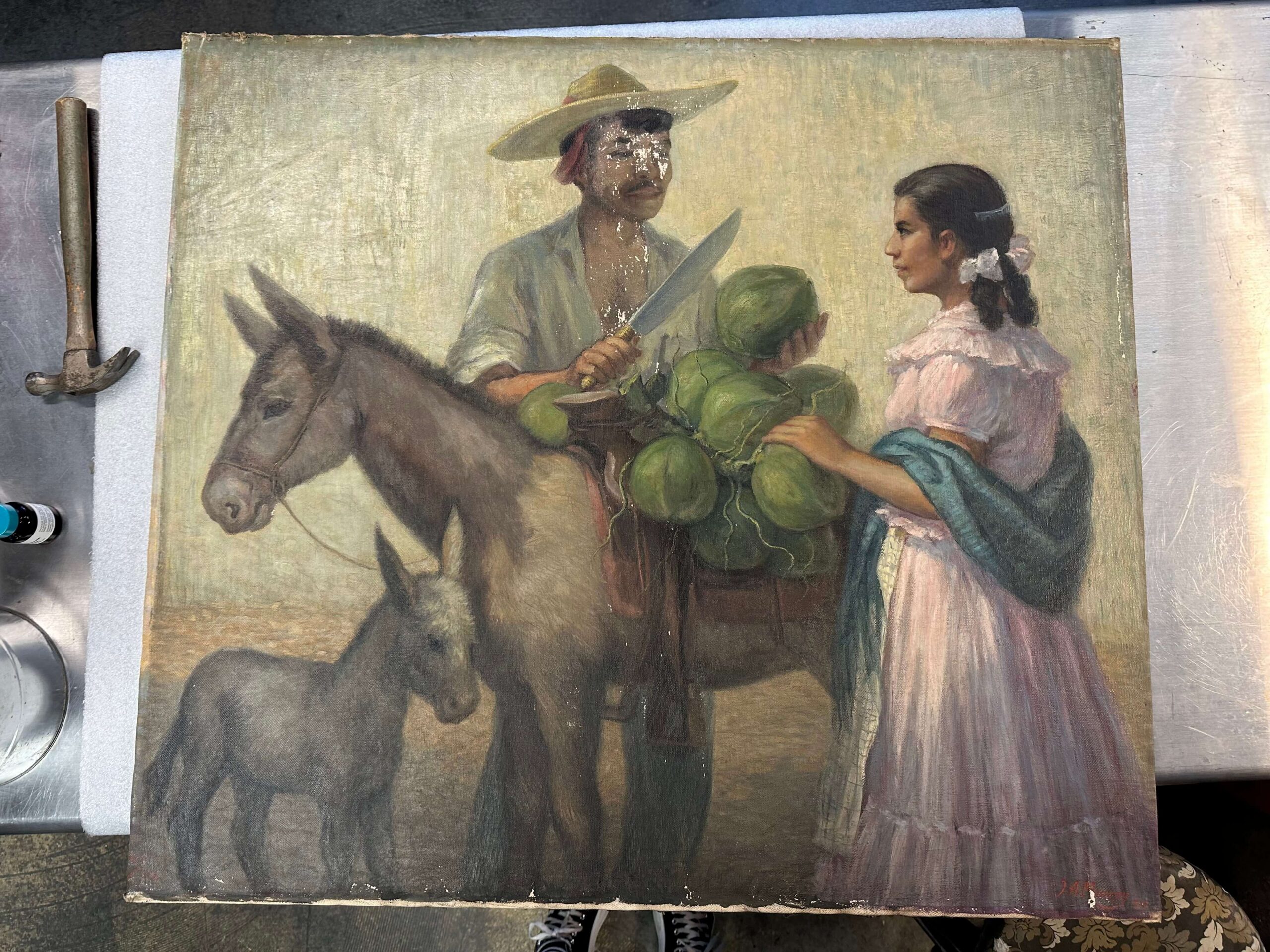 Water damaged painting before restoration