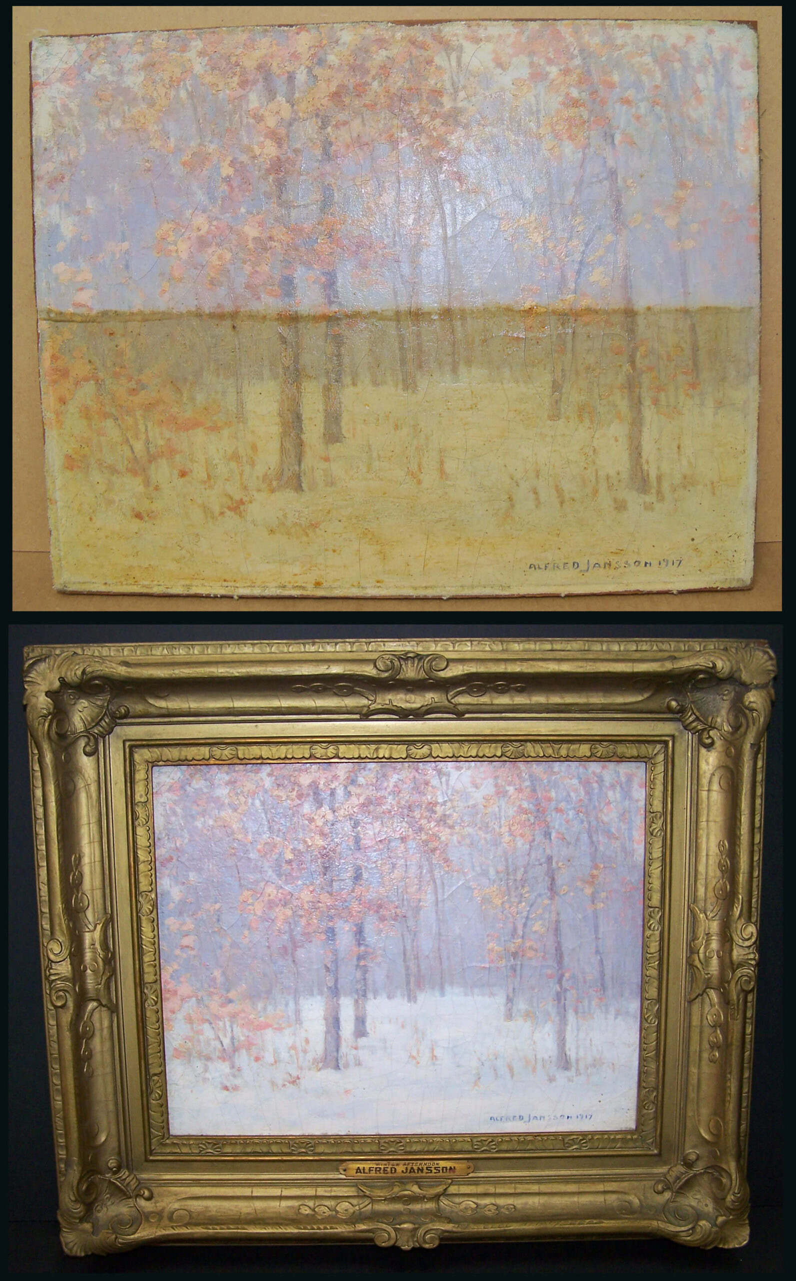 Varnish removal conservation process showing before and after on oil painting
