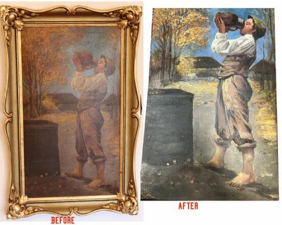 Oil portrait with ornate gold leaf frame after varnish removal and frame restoration