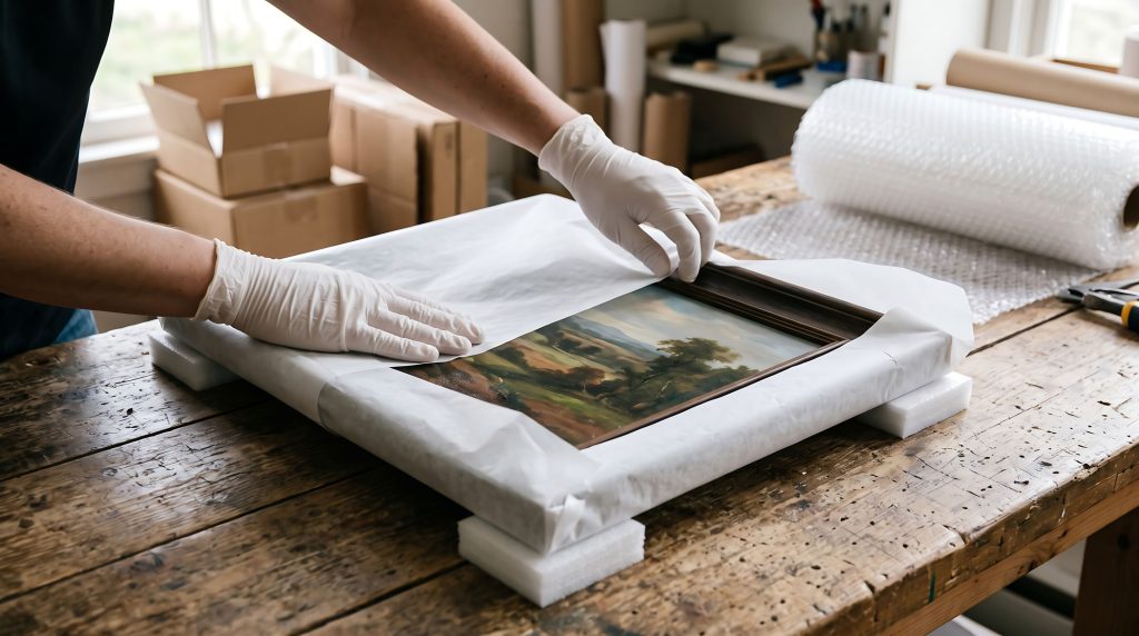 Gloved hands carefully package a framed landscape painting with protective materials on a rustic wooden