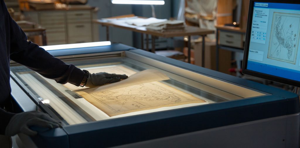 Gloved hands carefully place an antique map onto a professional scanner for digitization.