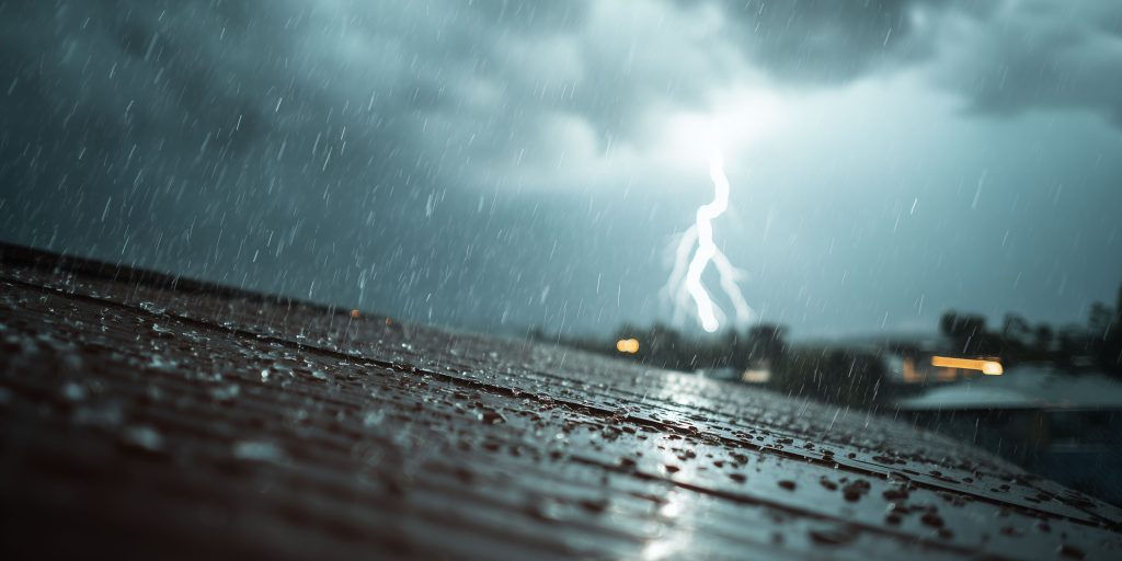Heavy rain falls on a wet roof as lightning strikes a dark, cloudy sky.
