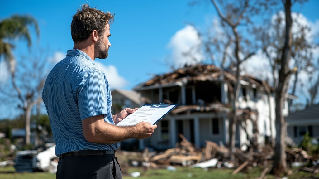 A man with a clipboard inspects a house with significant storm damage and debris.