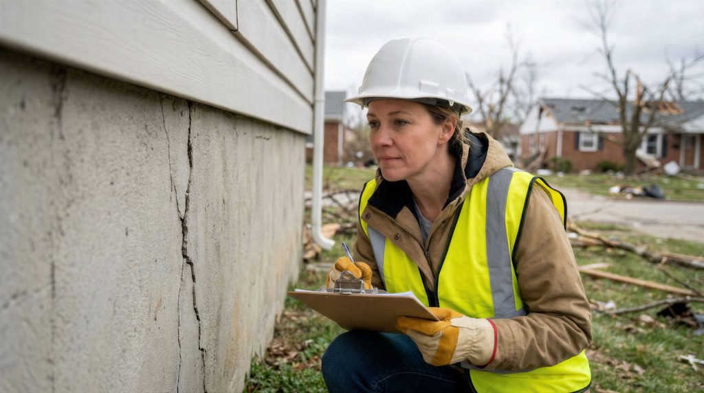 An inspector in a hard hat examines a cracked house foundation, documenting damage after a storm.
