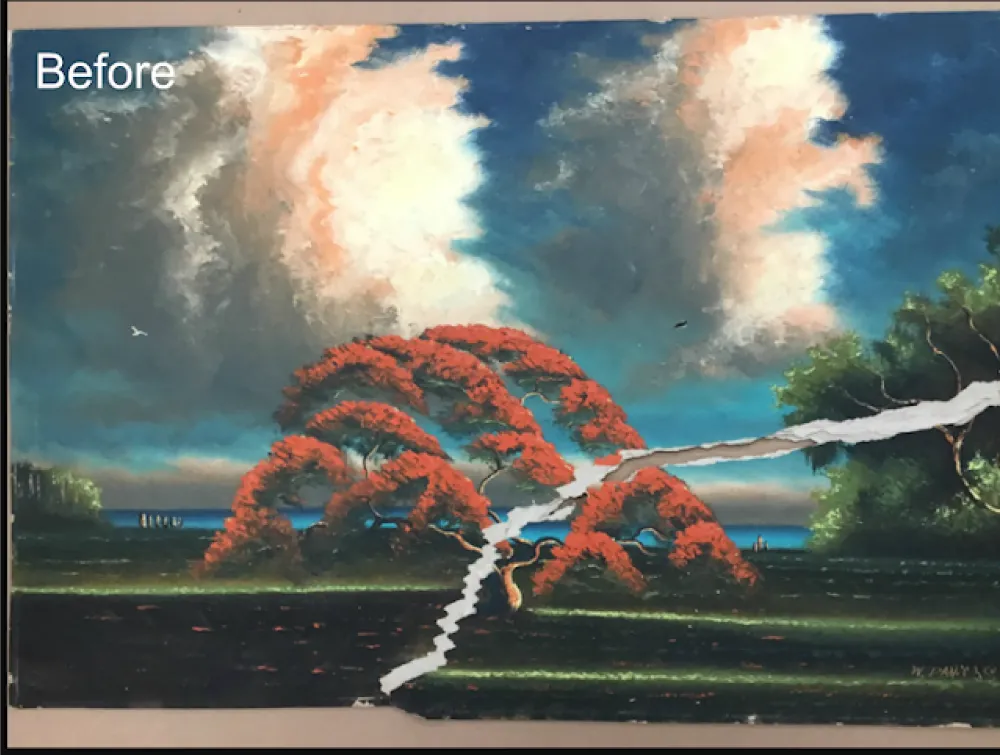 Damaged painting of a vibrant landscape with red trees and dramatic clouds, labeled
