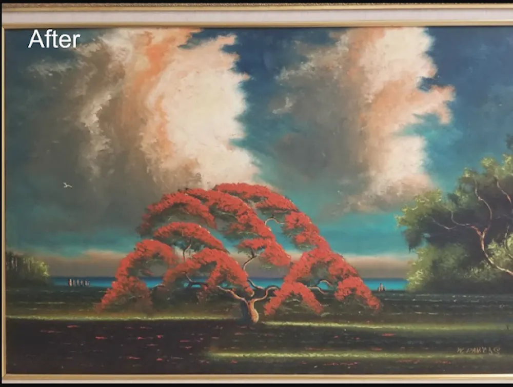 Vibrant painting of a large red-leafed tree by the sea under a dramatic cloudy sky.