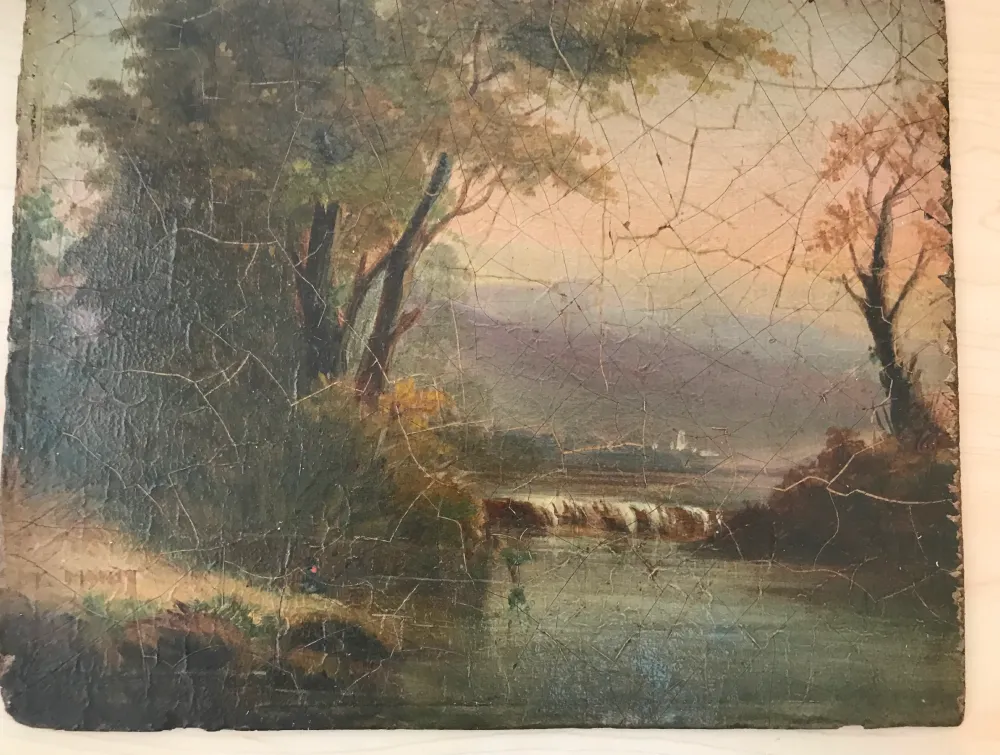 Cracked antique oil painting depicting a tranquil river landscape with a waterfall and distant town. TITLE