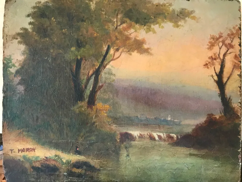 An antique landscape painting depicts a river winding through autumn trees under a warm, hazy sky.